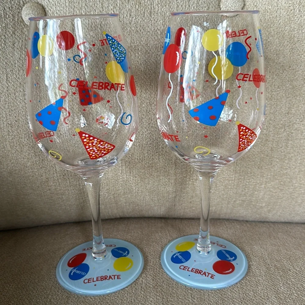Celebrate Party Hand-painted Acrylic Wine Glasses by Lolita - Set of 2 NWOT